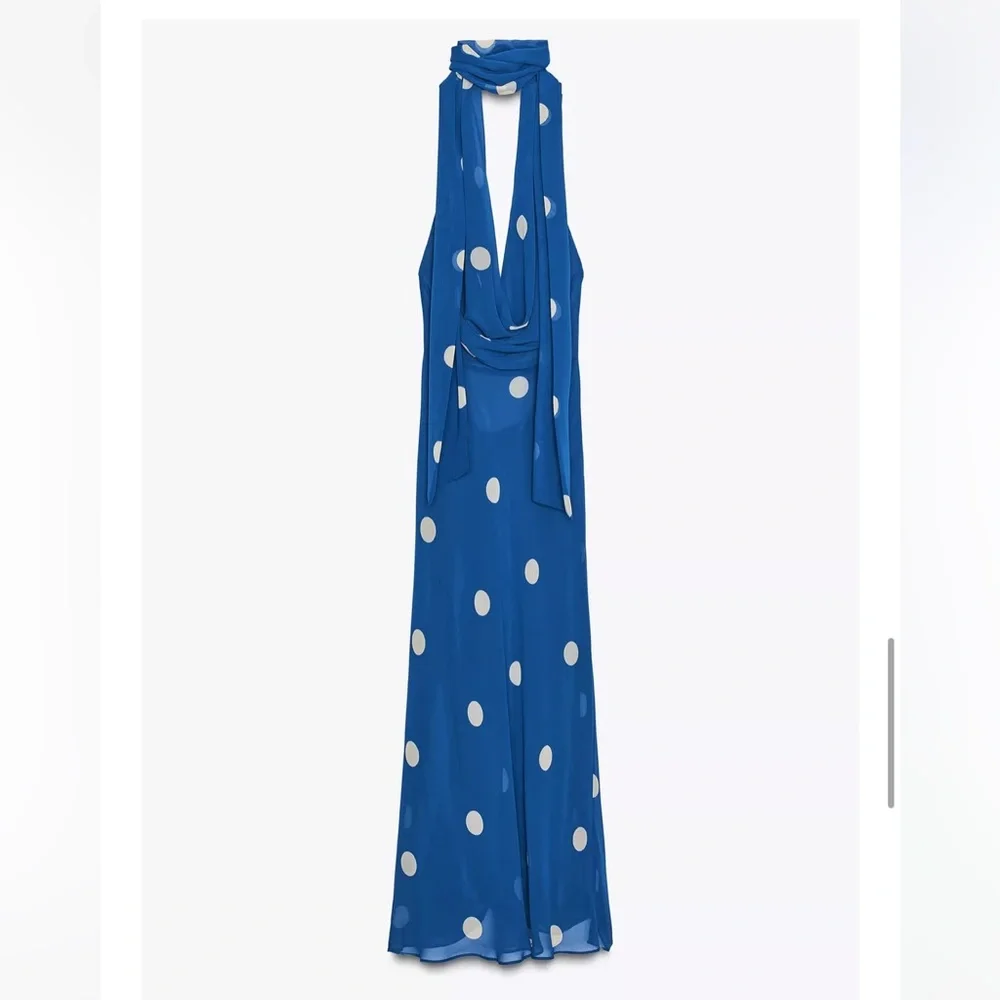 Zara Royal Blue Polka Dot Midi Dress - Picture 9 of 16
